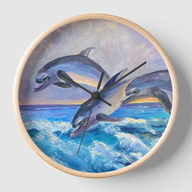 Three Wild Dolphins Playing in Teal Water  Clock (Front)