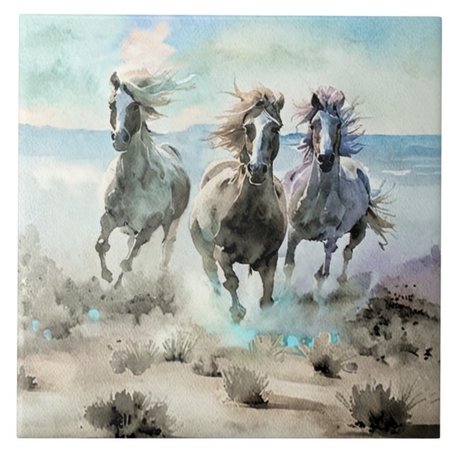 Three Wild Horses Race Across a Dusty Prairie Ceramic Tile (Front)