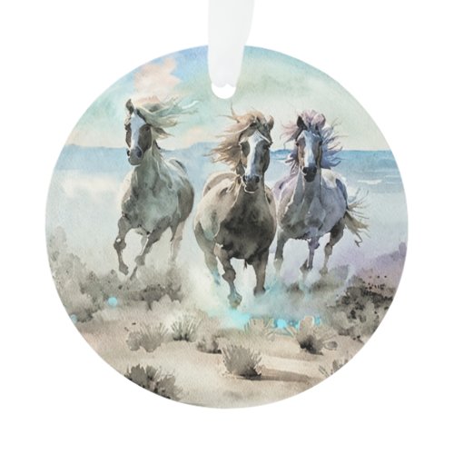 Three Wild Horses Race Across a Dusty Prairie Ornament