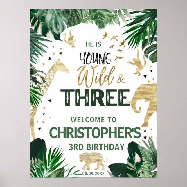 Three Wild Jungle kids  Birthday Party welcome Poster (Front)