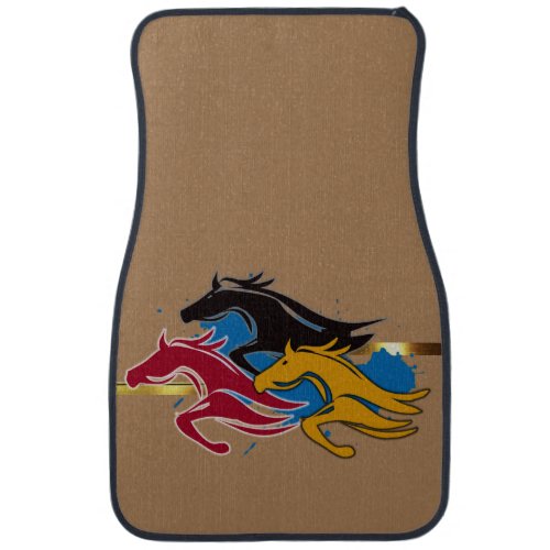 Three Wild Mustangs on Beige Car Floor Mat