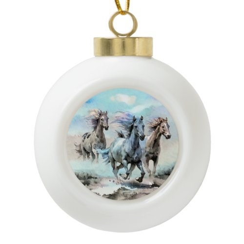 Three Wild Mustangs Race Across the Plains Ceramic Ball Christmas Ornament