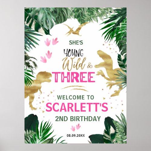  Three Wild Pink T_Rex 3rd Birthday Party Welcome Poster