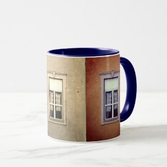 THREE WINDOW/LACE CURTAINS/MULTI-COLORED MUG