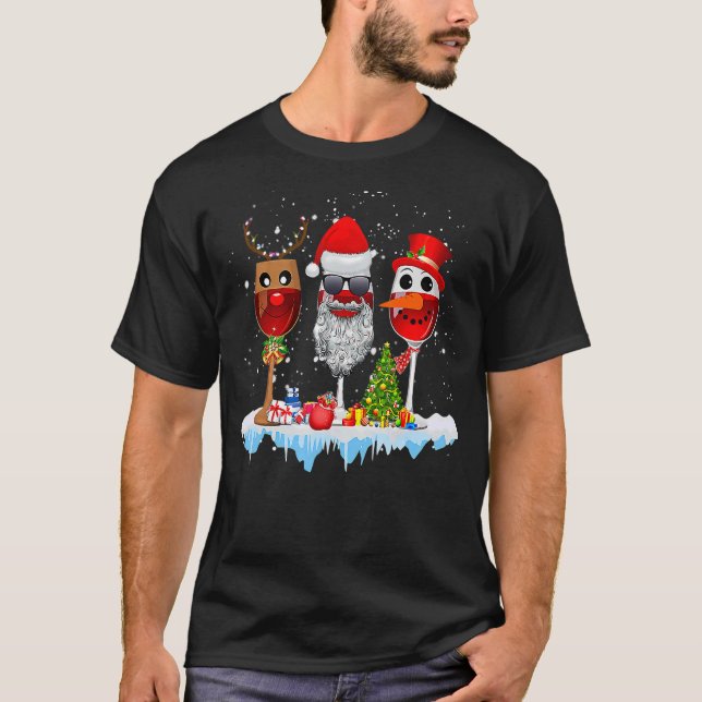 Three Wine Glasses Santa Hat Christmas Funny Wine  T-Shirt (Front)