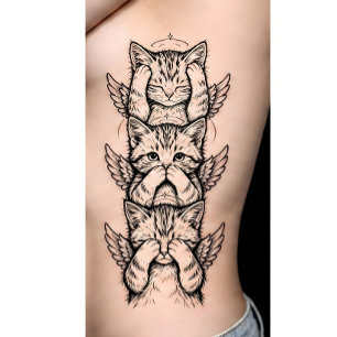 Three Wise Cats Angel Cute Sacred Black & White Temporary Tattoos