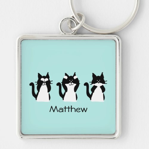 Three Wise Kitties Black White Blue Custom Keychain