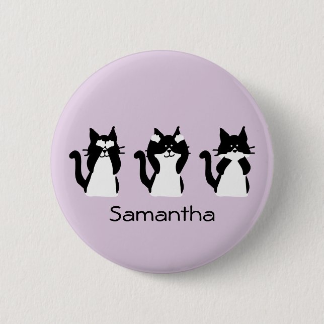 Three Wise Kitties Black White Purple Custom Button (Front)