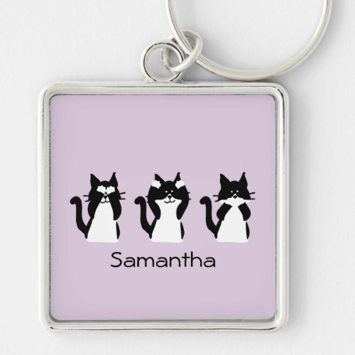 Three Wise Kitties Black White Purple Custom Keychain