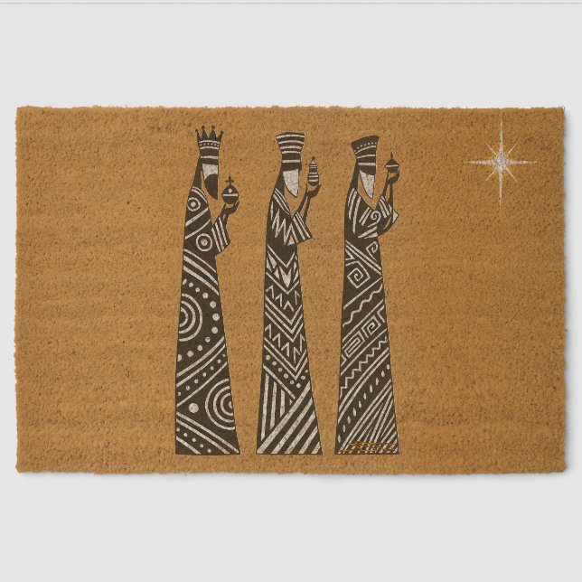 Three Wise Men Black & White Christmas Nativity Fiber Doormat (Front)