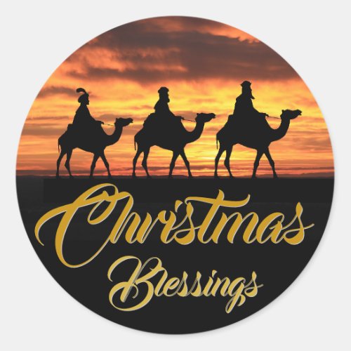 Three Wise Men Christmas Blessings Orange Sunset Classic Round Sticker