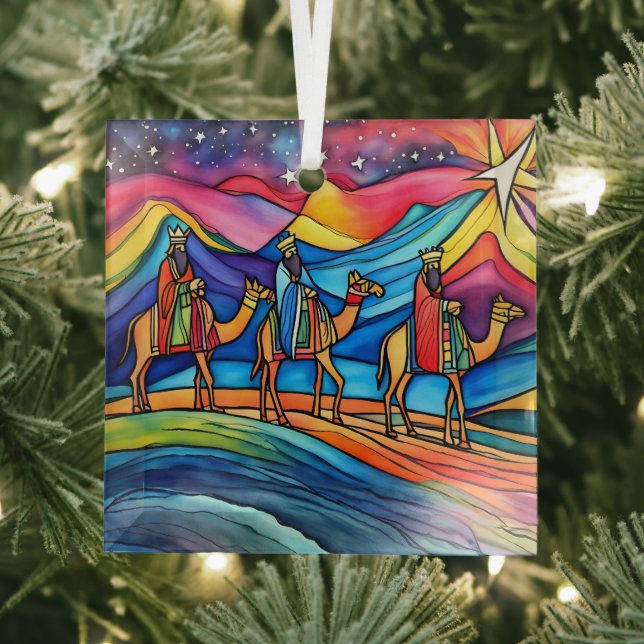 Three Wise Men Colorful Christmas Holiday  Glass Ornament (Insitu)