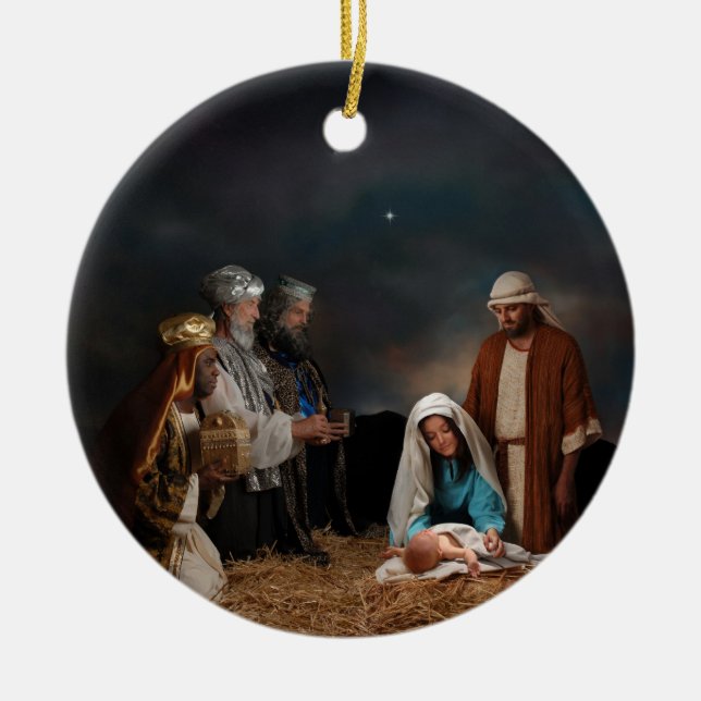 Three Wise Men Visiting Newborn Baby Jesus Ceramic Ornament (Front)
