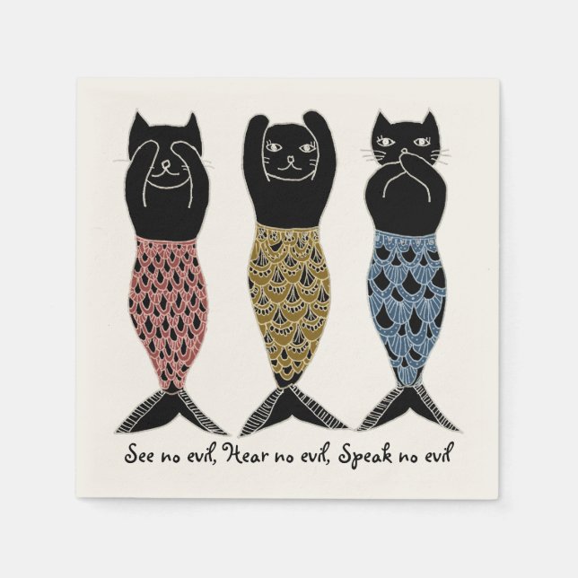 Three wise Mermaid Cats Napkins (Front)