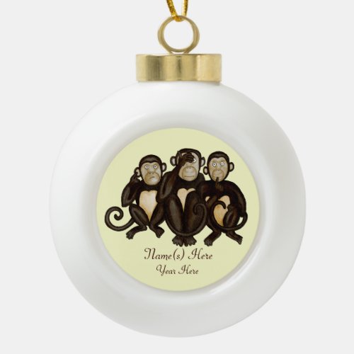 Three Wise Monkeys Ceramic Ball Christmas Ornament
