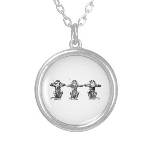 Three wise monkeys silver plated necklace