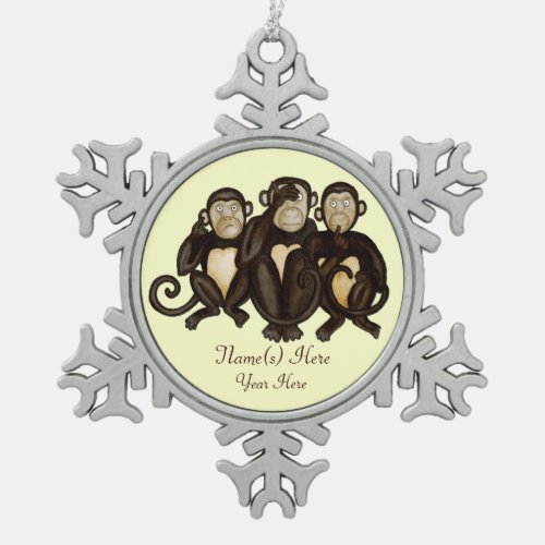 Three Wise Monkeys Snowflake Pewter Christmas Ornament
