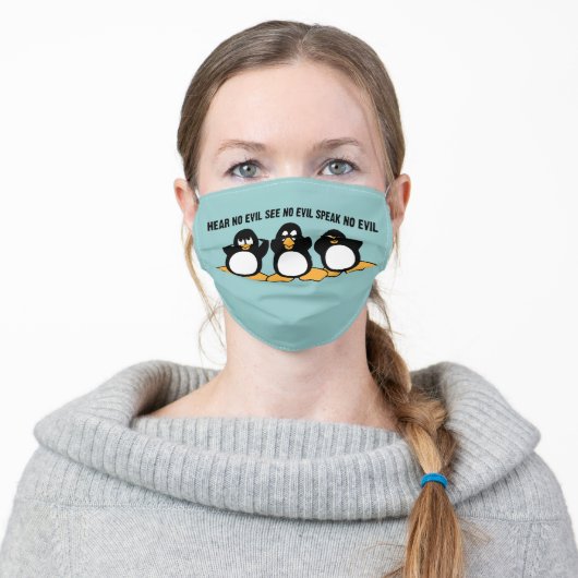 Three Wise Penguins Design Graphic | Blue Adult Cloth Face Mask (Worn)