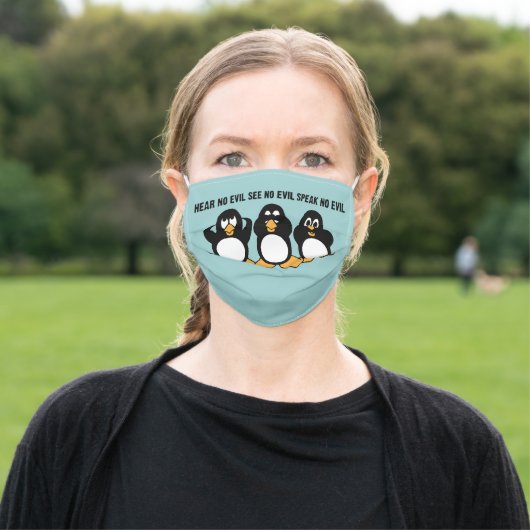 Three Wise Penguins Design Graphic | Blue Adult Cloth Face Mask (Outside)