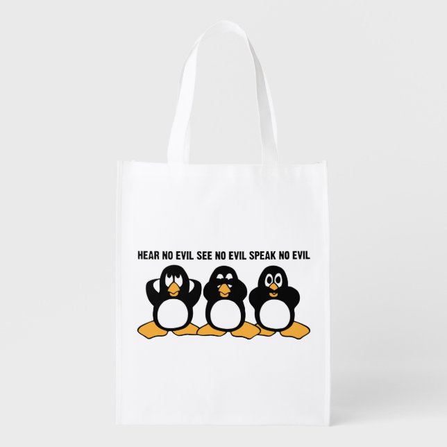 Three Wise Penguins Design Graphic Reusable Grocery Bag (Front)