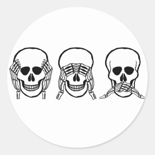 Three wise skulls see hear speak no evil classic round sticker