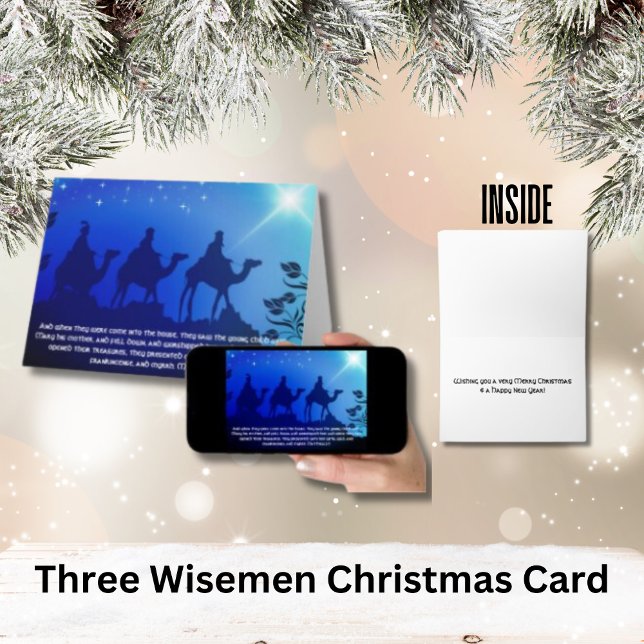 Three Wisemen Blue Star Christmas  Card (Christmas Bible Verse | Add Your Message Inside)
