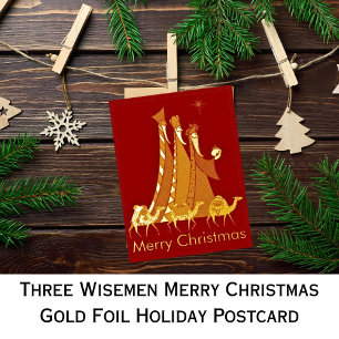 Three Wisemen Merry Christmas Gold Foil Holiday Postcard