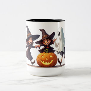 Three Witches And Glowing Pumpkin Dance 🧙 Two-Tone Coffee Mug