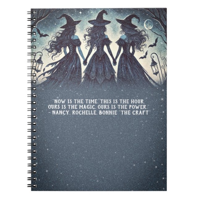 Three Witches at Night Starry Halloween Grimoire Notebook (Front)