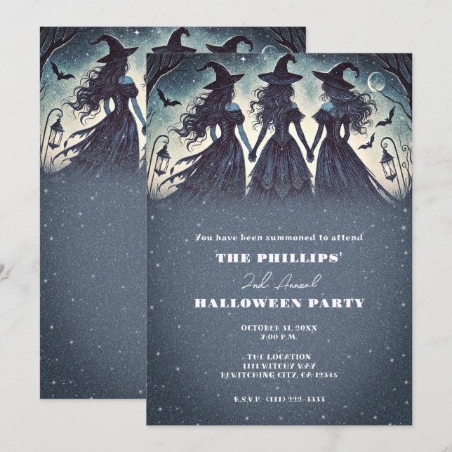 Three Witches at Night Starry Halloween Party Invitation (Front/Back)