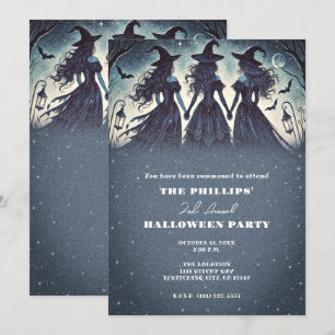 Three Witches at Night Starry Halloween Party Invitation