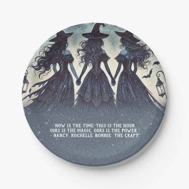 Three Witches at Night Starry Halloween Party Paper Plates (Front)