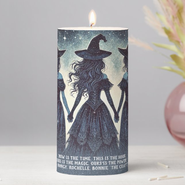 Three Witches at Night Starry Halloween Spell Pillar Candle (In Situ)