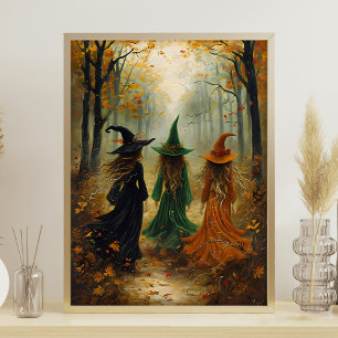 Three Witches Autumn Forest Vintage Halloween Wall Poster