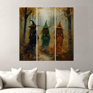 Three Witches Autumn Forest Vintage Halloween Wall Triptych