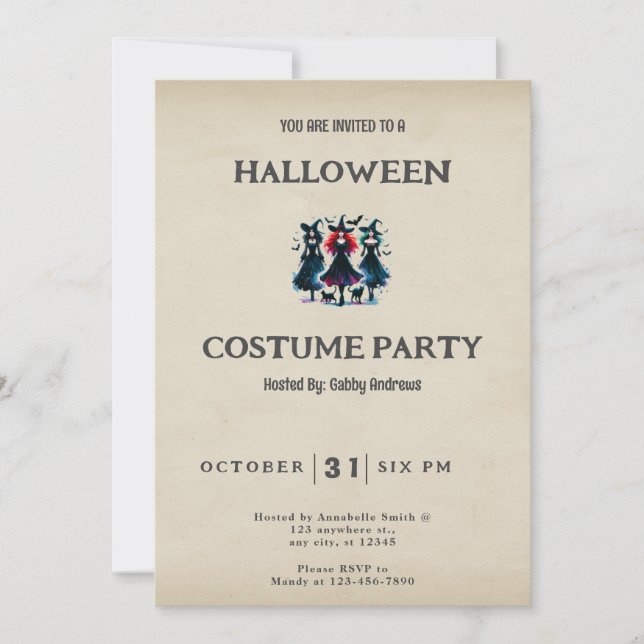 Three Witches Black Cats Bats Vintage Halloween Invitation (Front)