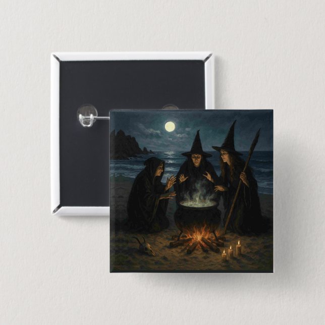 Three Witches Brew Cauldron Full Moon Beach  Button (Front & Back)