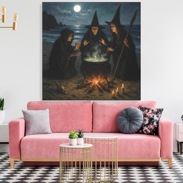 Three Witches Brew Cauldron Full Moon Beach  Canvas Print (Insitu(LivingRoom))