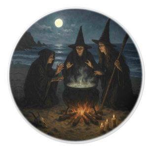 Three Witches Brew Cauldron Full Moon Beach Ceramic Knob