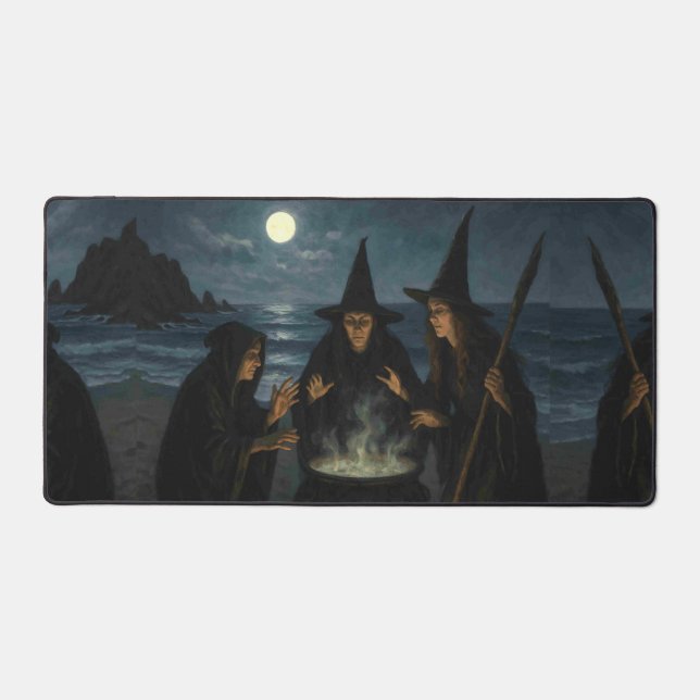 Three Witches Brew Cauldron Full Moon Beach  Desk Mat (Front)