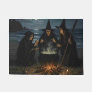 Three Witches Brew Cauldron Full Moon Beach  Doormat