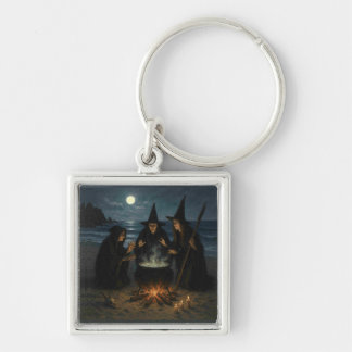 Three Witches Brew Cauldron Full Moon Beach  Keychain