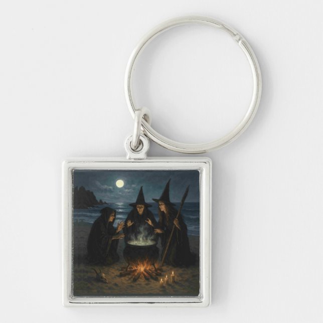 Three Witches Brew Cauldron Full Moon Beach  Keychain (Front)