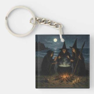 Three Witches Brew Cauldron Full Moon Beach  Keychain