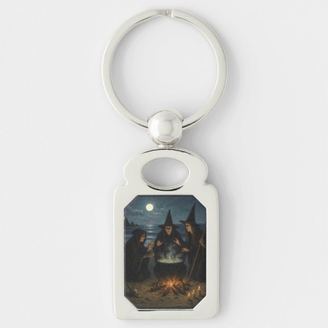 Three Witches Brew Cauldron Full Moon Beach  Keychain (Front)