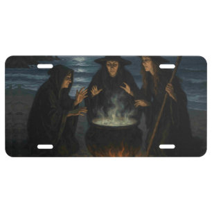 Three Witches Brew Cauldron Full Moon Beach License Plate