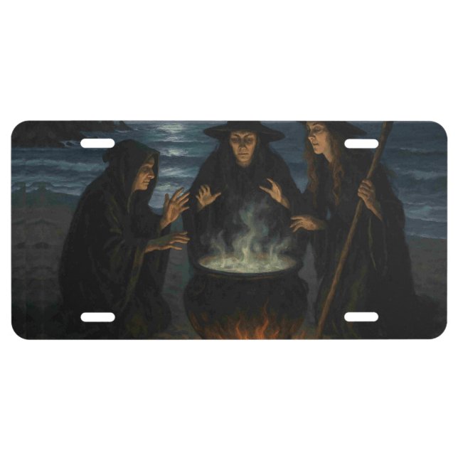 Three Witches Brew Cauldron Full Moon Beach  License Plate (Front)
