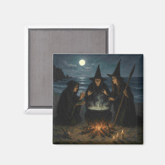 Three Witches Brew Cauldron Full Moon Beach  Magnet