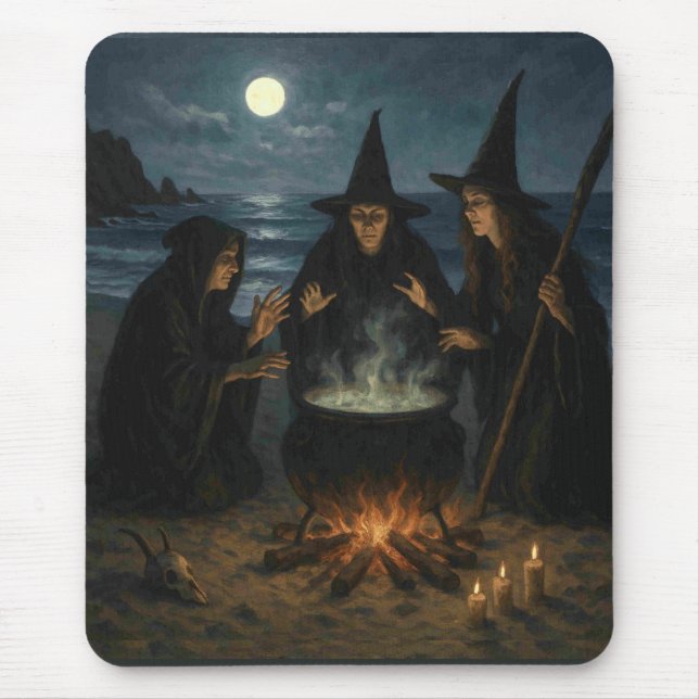 Three Witches Brew Cauldron Full Moon Beach  Mouse Pad (Front)
