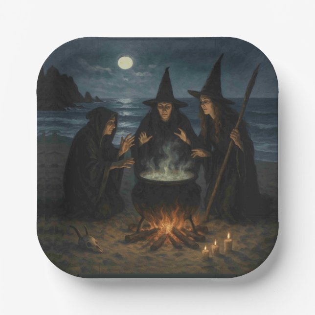 Three Witches Brew Cauldron Full Moon Beach  Paper Plates (Front)